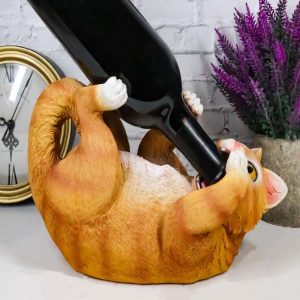 Tipsy Thirsty Feline Drinking Orange Tabby Kitty Cat Wine Bottle Holder Figurine