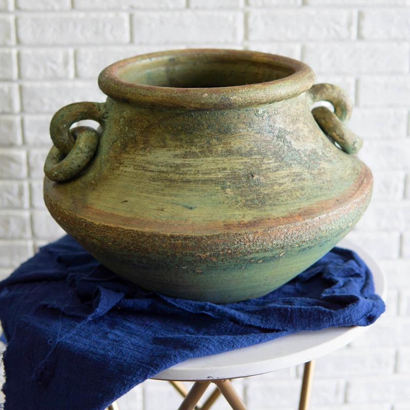 Vintage Earthenware Rustic Green Terracotta Vase Pot With Decorative Handles