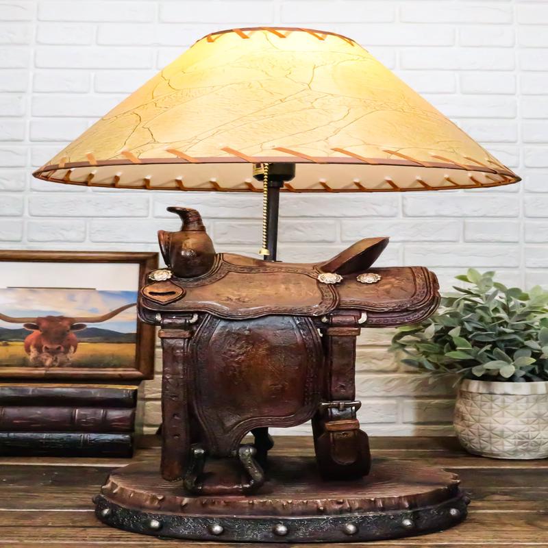 Western Cowboy Faux Tooled Leather Horse Saddle Conchos Buckles Table Lamp Decor