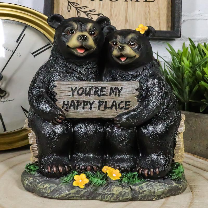 Whimsical Black Bears Couple On Tree Log You're My Happy Place Sign Figurine