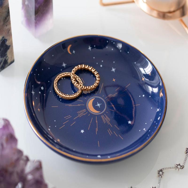 Wicca Astrology Constellation Blue Crescent Moon And Stars Trinket Jewelry Dish