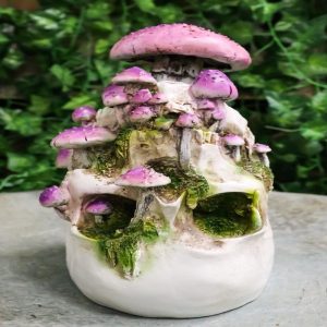 Day of The Dead Gothic Macabre Skull With Purple Fungi Mushrooms Figurine