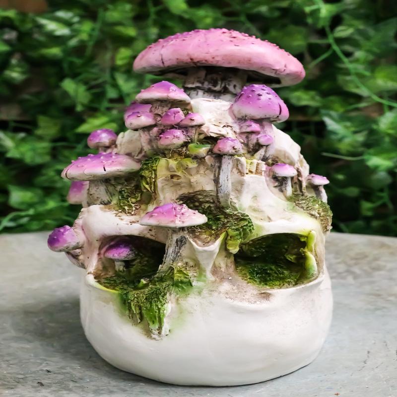 Day of The Dead Gothic Macabre Skull With Purple Fungi Mushrooms Figurine