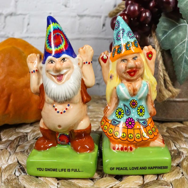 Free Spirit Hippie Mr Gnome And Flower Child Lady Gnomes Salt Pepper Shakers Set