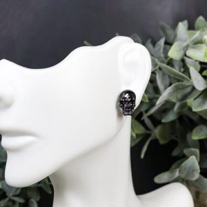 Ghastly Gothic Evil Grinning Skulls Gunmetal Stud Earrings Metal Pewter Alloy