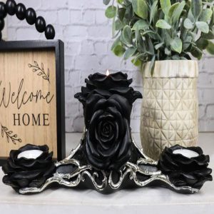 Gothic Baroque Victorian Black Roses Triple Votive Candle Holder Figurine