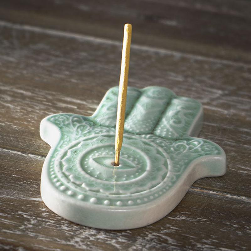 Hamsa Palm Protection From The Evil Eve Ceramic Round Disc Incense Stick Burner