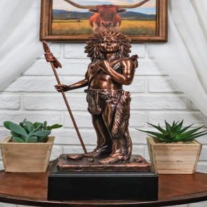 Indian Chief Hero With Spear Hunter Electroplated Bronze Figurine With Base