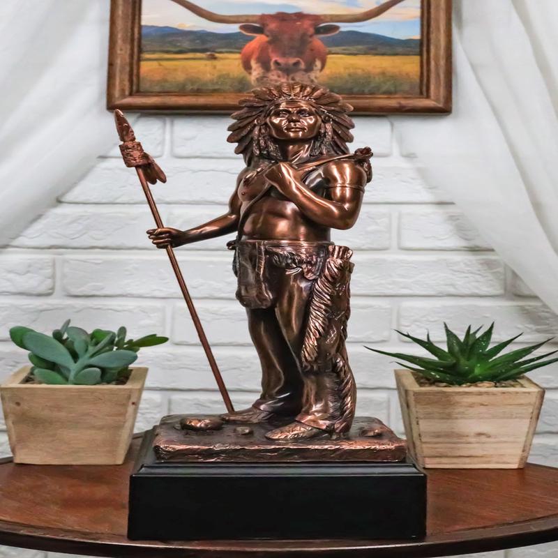 Indian Chief Hero With Spear Hunter Electroplated Bronze Figurine With Base