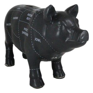 Large Ceramic Country Farm Black Pig Swine Pork Butcher Chart Piggy Coin Bank