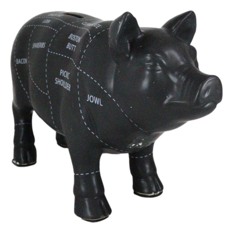 Large Ceramic Country Farm Black Pig Swine Pork Butcher Chart Piggy Coin Bank