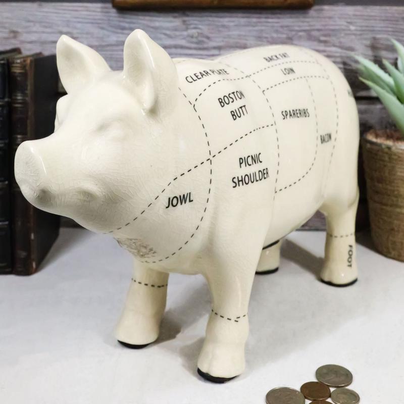 Large Ceramic Country Farmhouse Pig Swine Pork Butcher Chart Piggy Coin Bank Jar