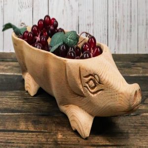 Large Rustic Wooden Hand Carved Tiki Animal Farm Pig Serving Bowl Tray Platter