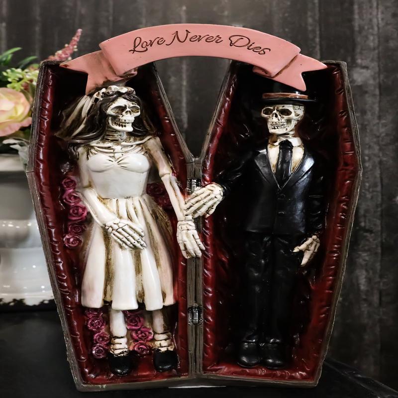 Love Never Dies Skeleton Wedding Couple Holding Hands Inside Coffins Figurine