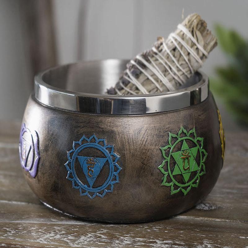 Metaphysical Wicca Spiritual Colorful Seven Chakras Symbols Smudge Smudging Bowl