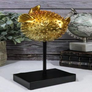 Nautical Marine Faux Taxidermy Golden Pufferfish Fish Sculpture On Pole Mount