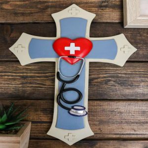 Physician Medic Blue Layered Wall Cross With Red Heart Stethoscope Doctor Nurse