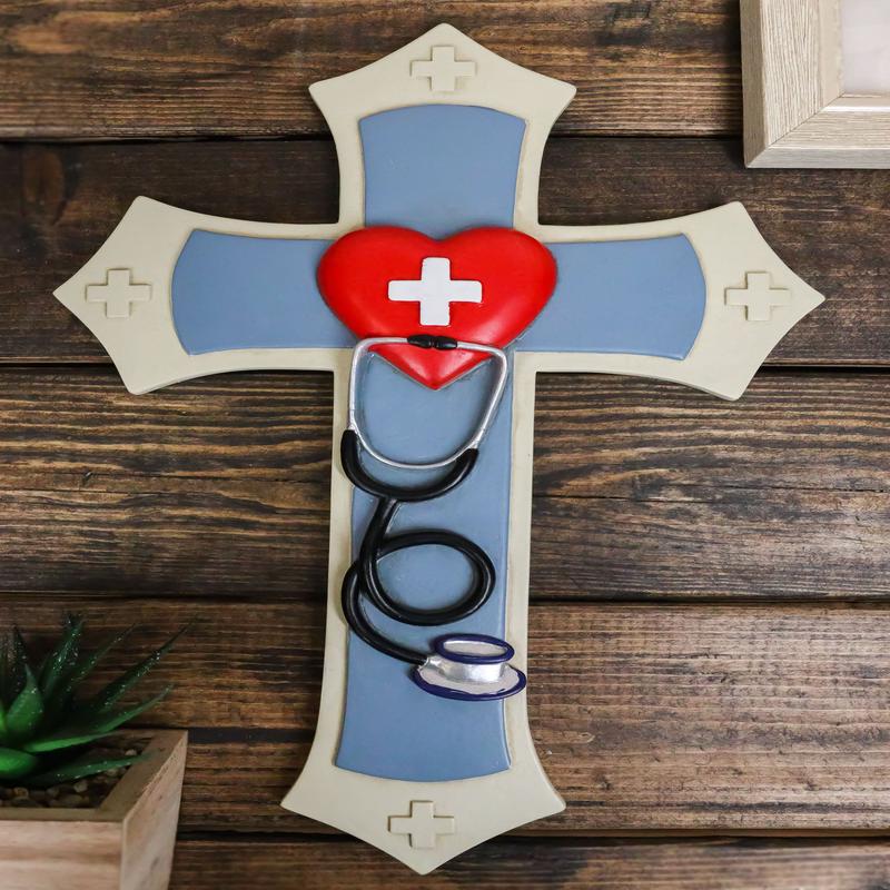 Physician Medic Blue Layered Wall Cross With Red Heart Stethoscope Doctor Nurse