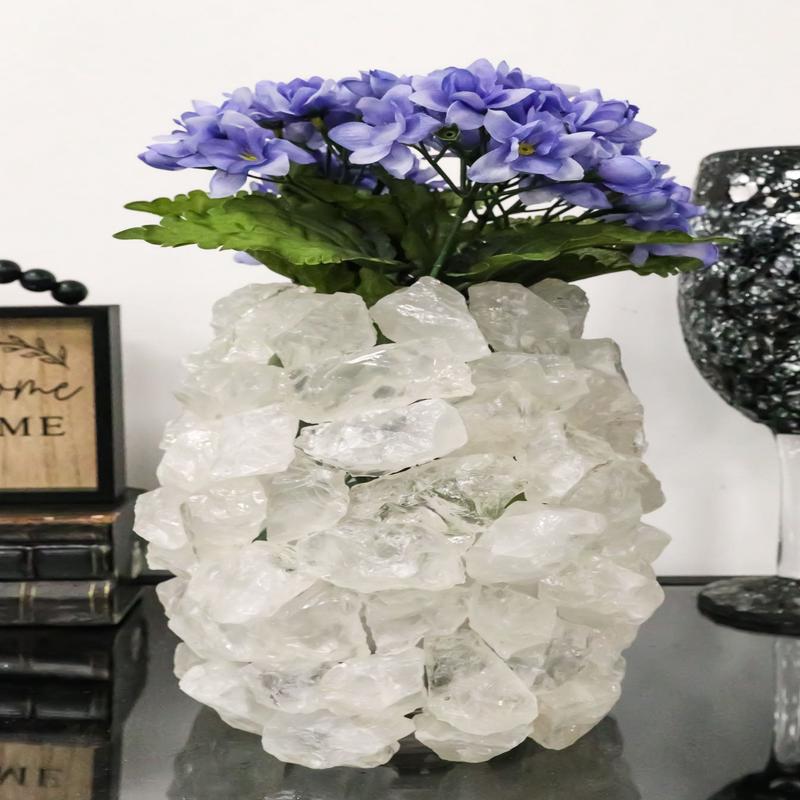 Pillar Quartz Crystal Mineral Stone Rocks Floral Vase Modern Accent Sculpture