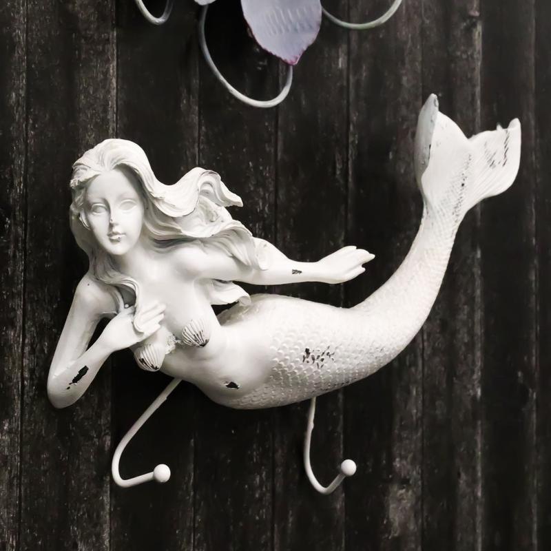 Rustic White Stone Finish Nautical Ocean Siren Mermaid 2 Prong Wall Hook Decor