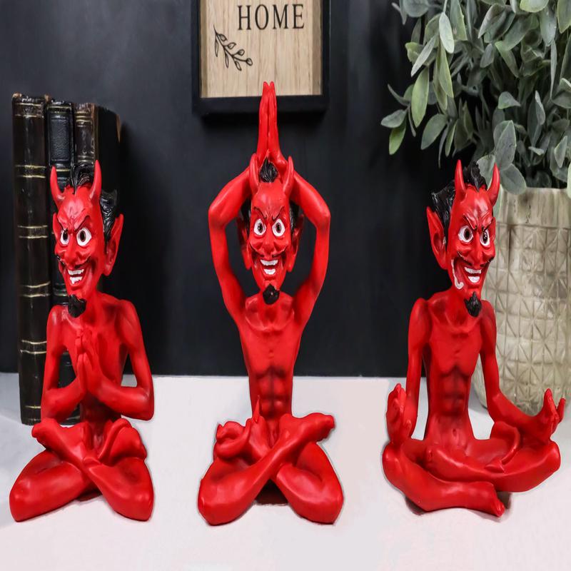 Set of 3 Red Demon Imp Devils in Yoga Lotus Meditation Poses Figurines