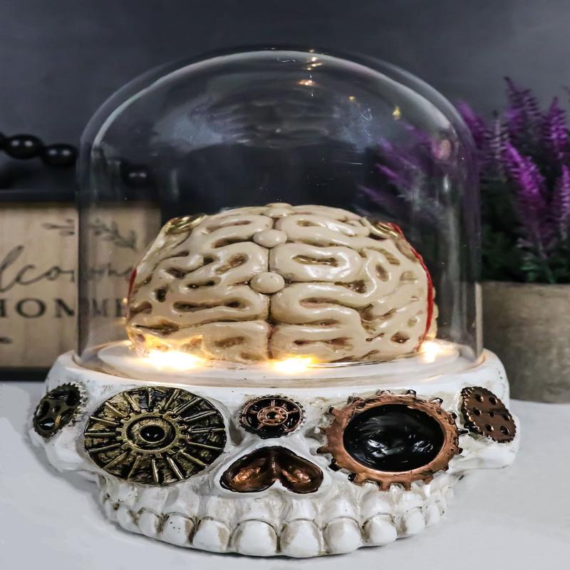 Steampunk Apothecary Gearwork Skull With Brains In LED Light Cloche Glass Dome