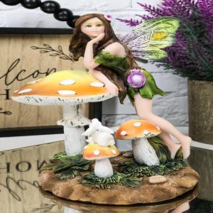 Tribal Fairy With Purple Potion Gourd And White Rabbit By Mushrooms Figurine