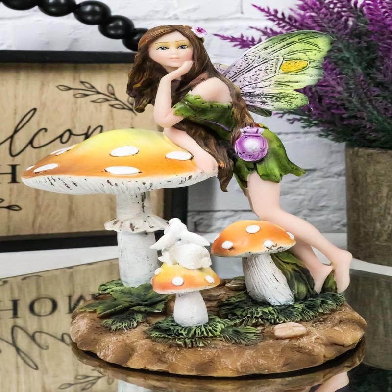 Tribal Fairy With Purple Potion Gourd And White Rabbit By Mushrooms Figurine