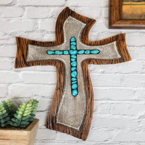 Vintage Rustic Layered Winding Road Faux Wooden Turquoise Rocks Wall Cross