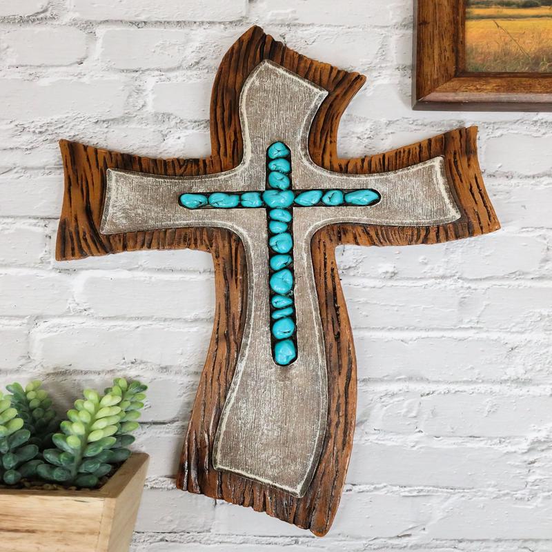 Vintage Rustic Layered Winding Road Faux Wooden Turquoise Rocks Wall Cross