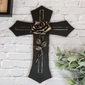 Western Black and Bronze Blooming Rose Stalk Petals Cross Wall Crucifix Plaque