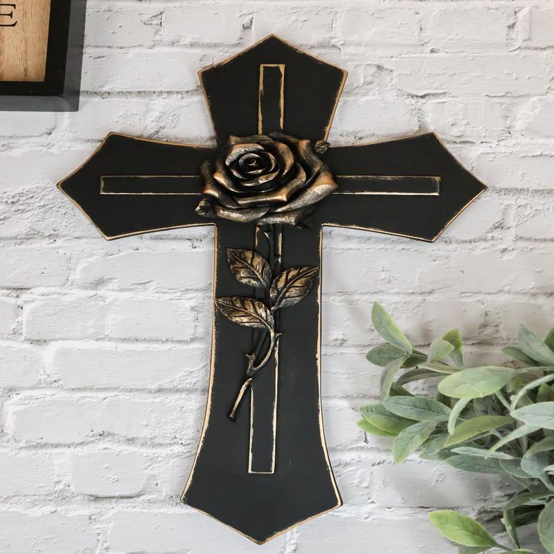 Western Black and Bronze Blooming Rose Stalk Petals Cross Wall Crucifix Plaque