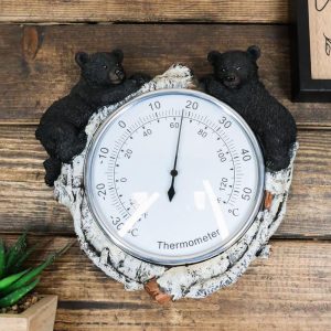 Western Forest Whimsical Black Bear Cubs Climbing On Birch Tree Wall Thermometer