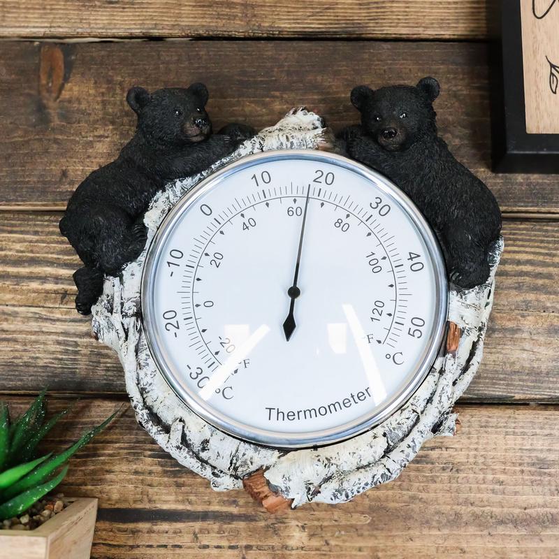 Western Forest Whimsical Black Bear Cubs Climbing On Birch Tree Wall Thermometer