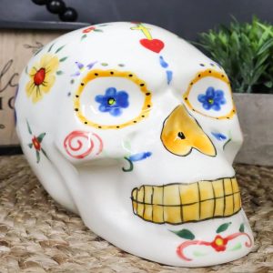 White Day Of The Dead Skull Ceramic Figurine Skeleton 7"L Fantasy Home Decor
