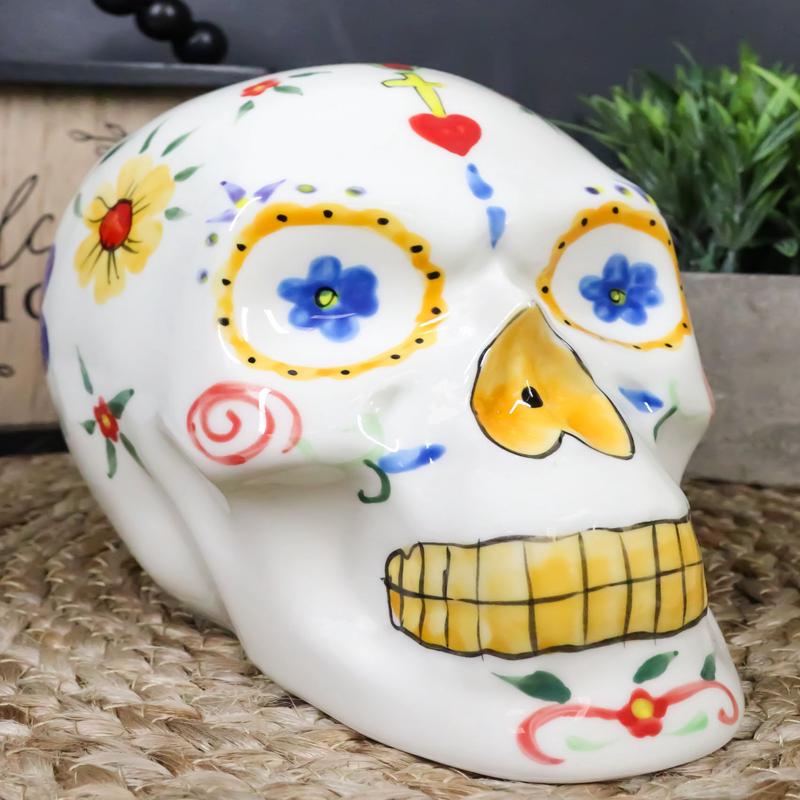 White Day Of The Dead Skull Ceramic Figurine Skeleton 7"L Fantasy Home Decor