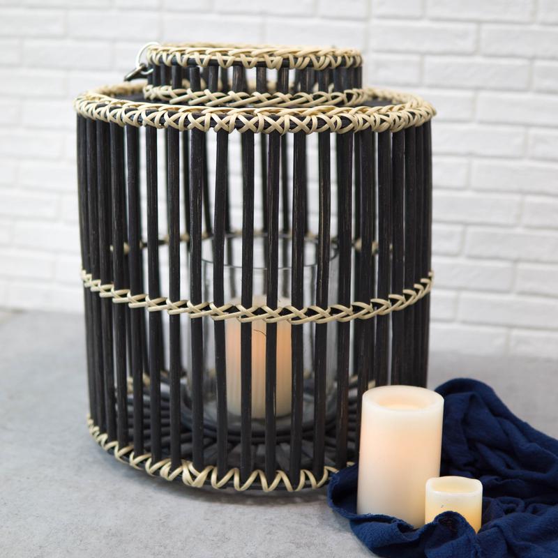 20"H Rustic Western Farmhouse Black Rattan Wood Candle Holder Lantern W/ Hanger