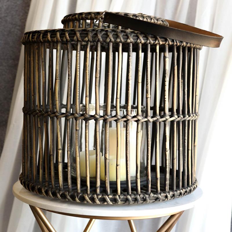 20"H Rustic Western Farmhouse Dark Rattan Wood Candle Holder Lantern With Hanger
