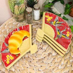 Ebros Set Of 4 Red Cranes Cherry Blossoms Oriental Fan Shaped Sushi Plates