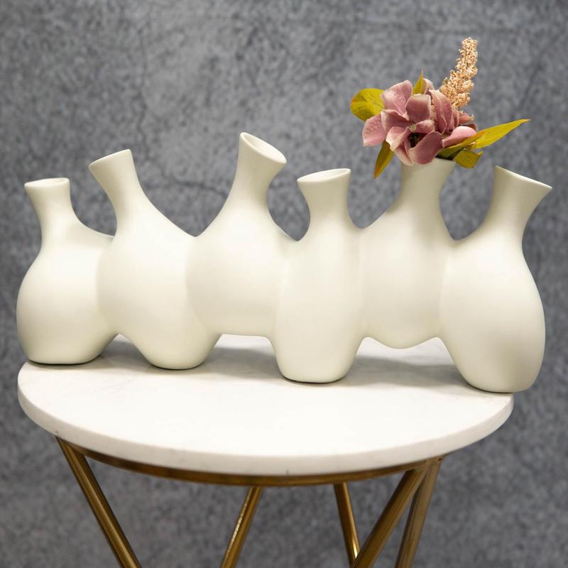 Large Semi Gloss Modern Abstract White Ceramic Floral Vase 6 Hole Cluster Rounds