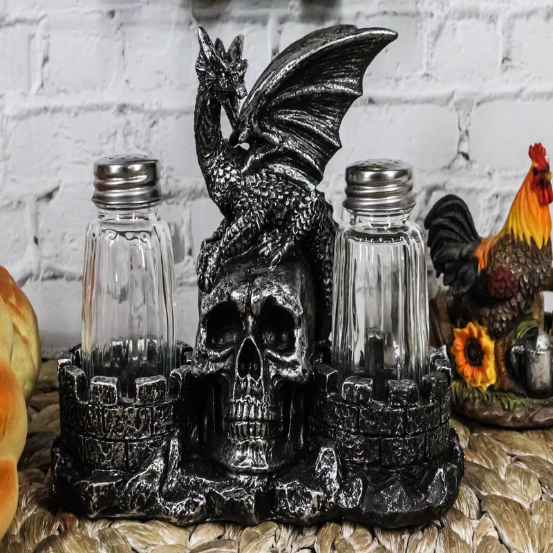 Medieval Dragon On Oversized Skull By Castle Towers Salt Pepper Shakers Holder
