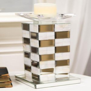 Modern Beveled Mirrors Capiz Shells Checkered Pillar Candle Holder Decor 15"