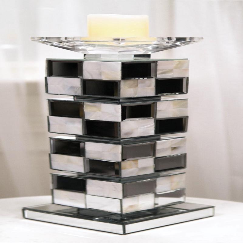Modern Beveled Mirrors Capiz Shells Checkered Pillar Candle Holder Decor 18"