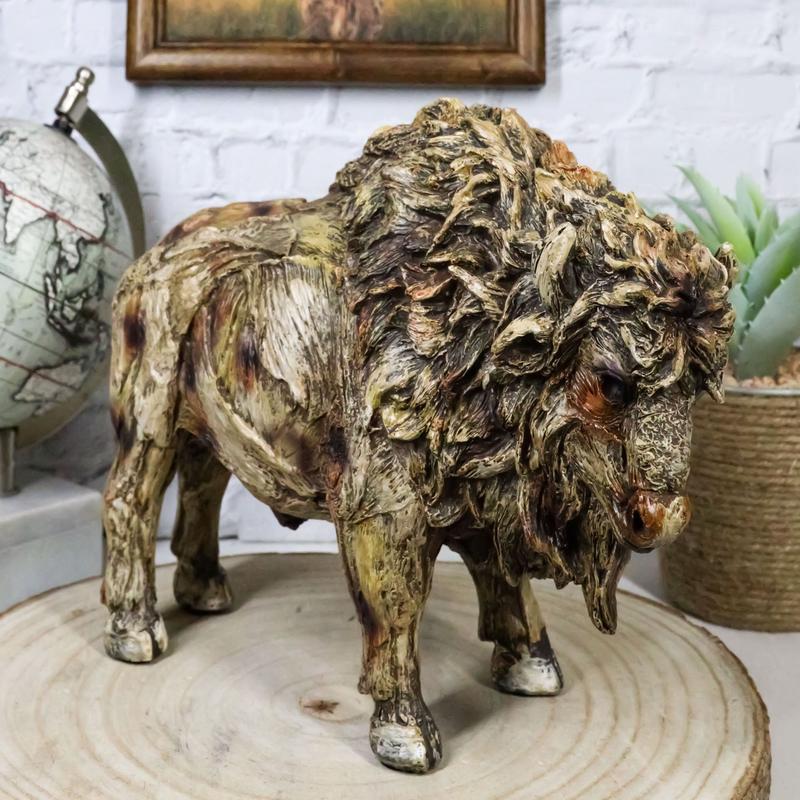 Native American Grassland Plains Wild Bison Buffalo Faux Wooden Resin Sculpture