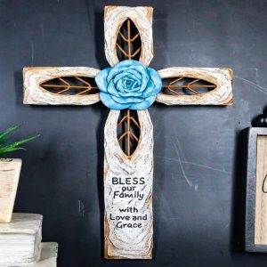 Rustic Aqua Blue Rose Flower Bless Our Family With Love And Grace Wall Cross