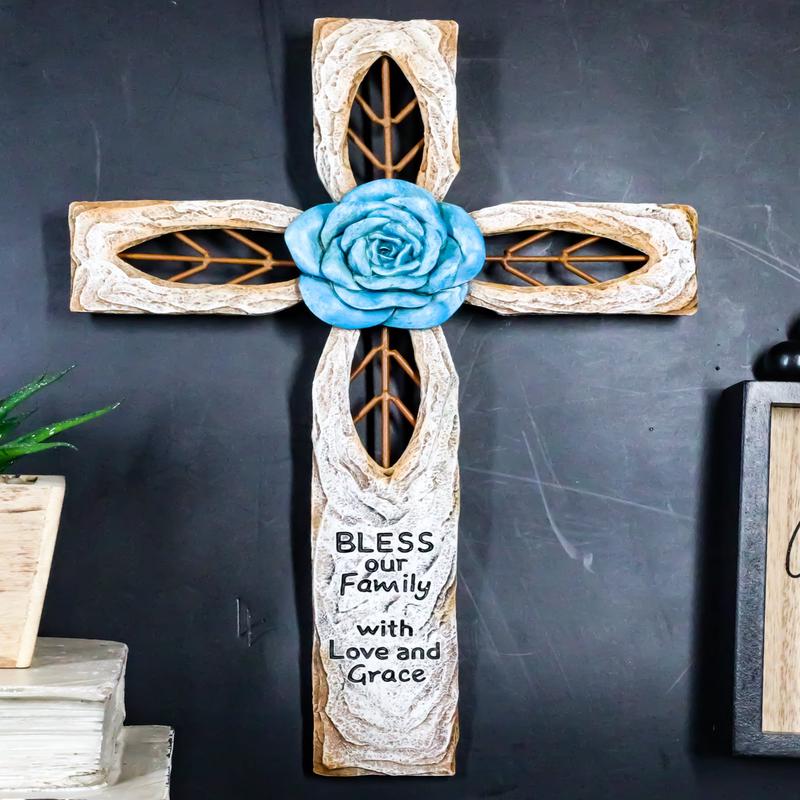 Rustic Aqua Blue Rose Flower Bless Our Family With Love And Grace Wall Cross