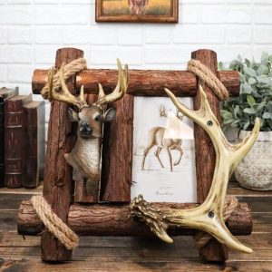 Rustic Buckhorn Stag Deer Trophy Bust And Antlers With Wooden Logs Picture Frame