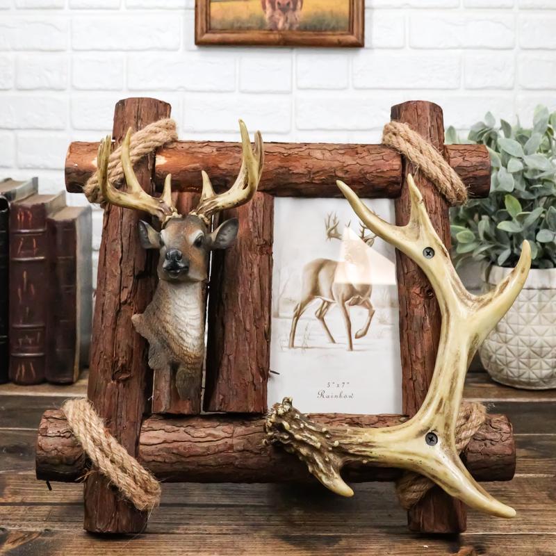 Rustic Buckhorn Stag Deer Trophy Bust And Antlers With Wooden Logs Picture Frame