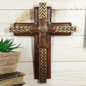 Rustic Celtic Knot Scrollwork Faux Tooled Leather Multiple Layered Wall Cross