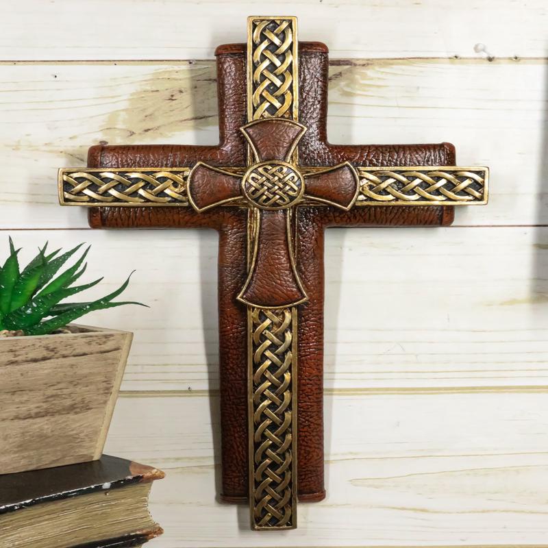 Rustic Celtic Knot Scrollwork Faux Tooled Leather Multiple Layered Wall Cross